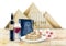 Passover greeting card Jewish holiday with watercolor Pesach symbols and Egypt pyramids, Haggadah, matzah, menorah, wine