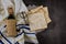 Passover holiday traditional celebration with cup wine kosher matzah on Jewish Pesach