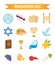 Passover icons set. flat, cartoon style. Jewish holiday of exodus Egypt. Collection with Seder plate, meal, matzah, wine