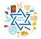 Passover icons set in round shape. flat, cartoon style. Jewish holiday. Collection with Seder plate, meal, matzah, wine