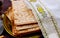 Passover matzoh jewish holiday bread over wooden table