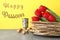 Passover matzos, goblet, walnuts and tulips on table. Pesach celebration