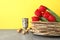 Passover matzos, goblet, walnuts and tulips on table, space for text. Pesach celebration