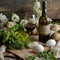 Passover, Passover holiday, Passover composition, bottle of wine, matzo, egg, greens, traditional Jewish Passover dishes