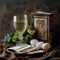 Passover, Passover holiday, Passover composition, wine, matzo, egg, greens, traditional Jewish Passover dishes. Warm