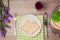 Passover (pesah) holiday table setting with seder plate and matzoh. View from above