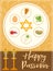 Passover poster, invitation, flyer, greeting card. Pesach template for your design with festive Seder table, kosher food
