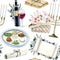 Passover seder seamless pattern with watercolor Jewish plate, traditional Pesach food, wine, menorah, matzah on white