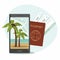 Passport with boarding pass tickets, and a phone with a beach and palm trees on screen.