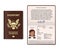 Passport fold with a female name, surname and photo and a fictitious signature. Vector illustration. Passport cover template.