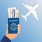 Passport Hand Travel Document Vacation Trip Booking Air Plane Flight Flat Vector Illustration