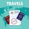 Passport and map of the world drawn in a flat style. Vector illustration. Travels.