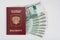 Passport and money fanned out on white background