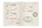 Passport pages with international stamps of USA, Germany, India and Canada cities. Arrival and departures with date