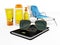 Passport, sunglasses, sunbed, sun cream, and towel. 3D illustration