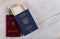 Passports of dual citizens Ukraine and Hungarian for traveling Concept on the Ukrainian and Hungarian money national grivna ,