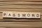 Password word on wooden cube at wood background
