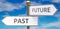 Past and future as different choices in life - pictured as words Past, future on road signs pointing at opposite ways to show that