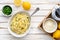 Pasta al Limone, delicious Italian meal, spaghetti with Parmesan, butter and lemon sauce, topped with fresh grated zest and cheese