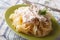 Pasta Alfredo with chicken and cream sauce close-up. horizontal