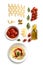 Pasta arabiata flat lay plate with pasta and ingredients white background isolated