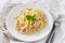 Pasta carbonara on white plate