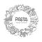 Pasta circle frame hand drawn vector monochrome outline illustration on white with lettering for macaroni wrapping