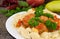 Pasta Conchiglie and meatballs with tomato sauce on rustic wooden background. Soft focus