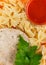 Pasta with cutlet food for lunch or dinner healthy food closeup top view