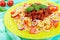 Pasta Farfalle with chicken, tomato, blue onion, sweet pepper and tomato sauce