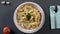 Pasta fettuccine alfredo with chicken, parmesan and parsley. Scene. Pasta fettuccine with mushrooms and fried chicken