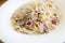 Pasta fettuccine alfredo white sauce with ham bacon and mushroom