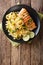 Pasta fetuccini with cheddar cheese and grilled salmon on a plat