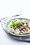 Pasta fetuchini from radish radish with mushrooms and basil. Italian AIP breakfast, dinner or lunch. Autoimmune Paleo. Diet