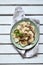 Pasta fetuchini from radish radish with mushrooms and basil. Italian AIP breakfast, dinner or lunch. Autoimmune Paleo. Diet health
