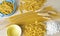 Pasta, flour, wheat, blue container, yellow container, overlook image