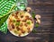 Pasta, fried mushrooms rustic natural  cooking on a wooden background