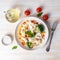 Pasta fusilli with vegetables, boiled steamed meat, white sauce on white wooden table, low-calorie diet, low-fat food, top view