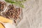 Pasta in a glass jar, rosemary, wooden spoon