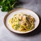 Pasta with greens and parmesan cheese on marble table, homemade easy meal recipe for lunch or dinner, generative ai