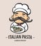 Pasta logo. Hand drawn vector illustration of chef-cooker with a mustache and plate with spaghetti. Colorful Italian