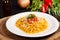 Pasta, macaroni, noodles, spaghetti sugo with tomato sauce and fresh tomatoes, typical Italian cuisine, italian food