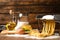 Pasta maker machine with dough and products on table