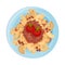 Pasta with Meat and Tomatoes Served on Plate Vector Closeup Illustration