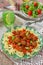 Pasta with mini meatballs with tomato sauce