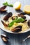 Pasta with mussels and lemons over blue wood background