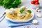 Pasta Nests with Chicken and Creamy Sauce on a Plate, Freshly Cooked Pasta, Tasty Food