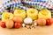 Pasta nests, eggs and tomatoes on background of towels