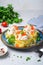 Pasta Nests with Salmon and Creamy Sauce on a Plate, Freshly Cooked Pasta, Tasty Food