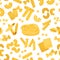 Pasta pattern. Seamless print with doodle Italian wheat pasta, home made dough food, yellow farfalle, spaghetti and